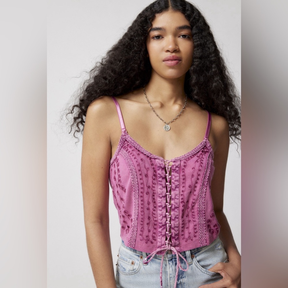 Embroidered Lace-up Cami - Urban Outfitters
